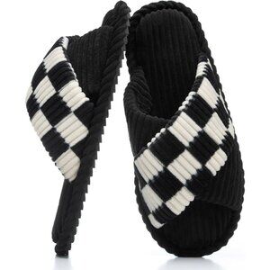 ⚡Women Checkered Black Cotton Memory Foam Bedroom Corduroy Open Toe Shoes